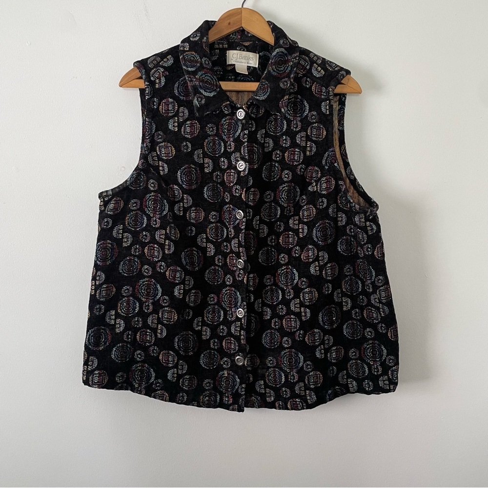 Vintage 90s CJ Banks Black Multicolor Swirl Pattern Needlepoint Vest Size 0X
